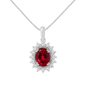 10K White Gold Created 9MM Ruby Gemstone and Natural Diamond Pendant Necklace