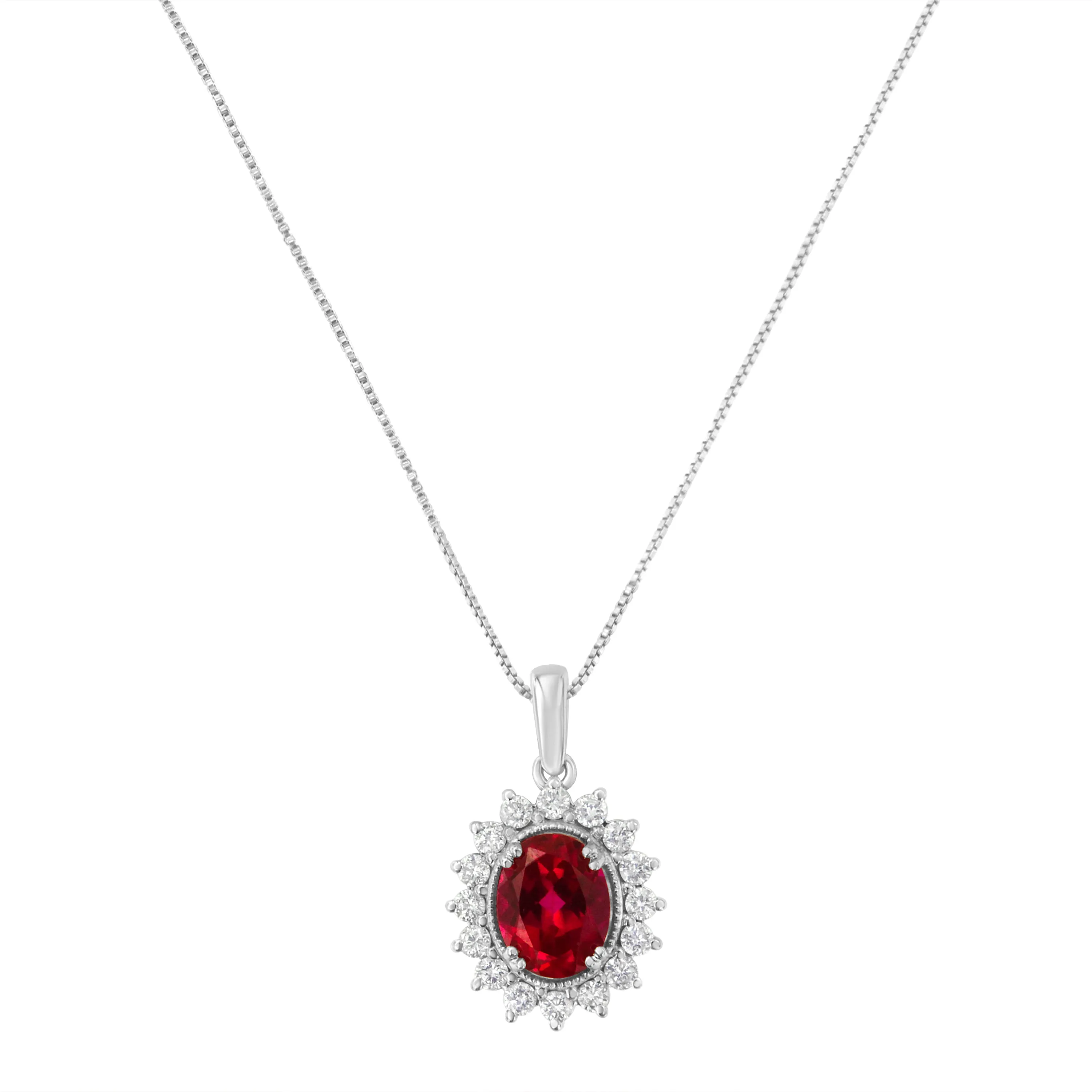 10K White Gold Created 9MM Ruby Gemstone and Natural Diamond Pendant Necklace