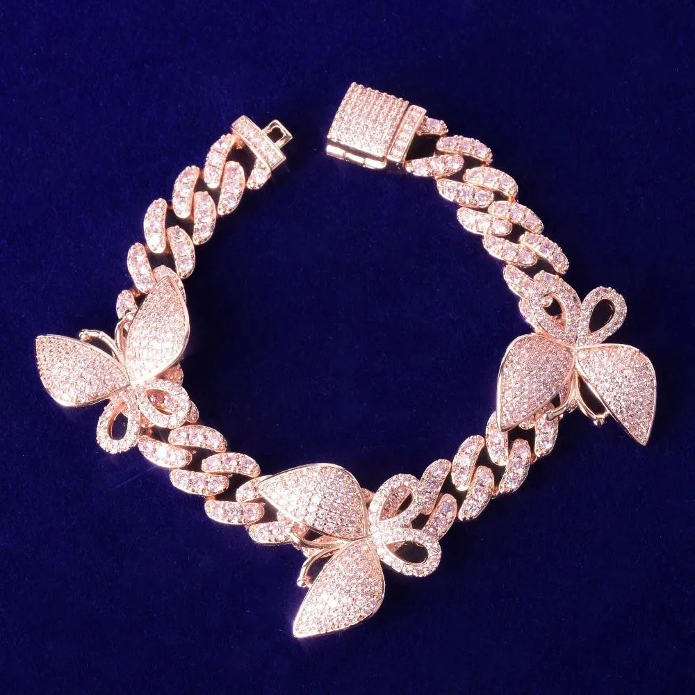 10mm Pink Cuban Link Bracelet With Butterfly AAAA Zircon Chain