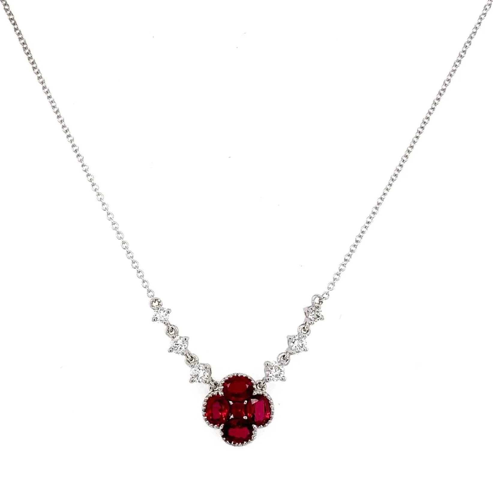 1.23ct tw Ruby and Diamond Clover Flower Shape Pendant Necklace