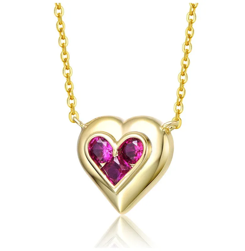 14k Gold Plated with Ruby Red Cubic Zirconia Cluster Petite Heart Halo Pendant Necklace