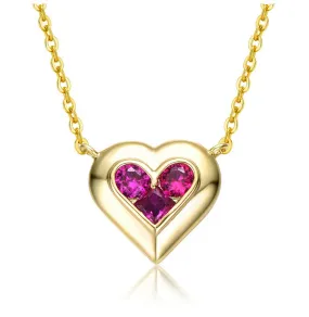 14k Gold Plated with Ruby Red Cubic Zirconia Cluster Petite Heart Halo Pendant Necklace