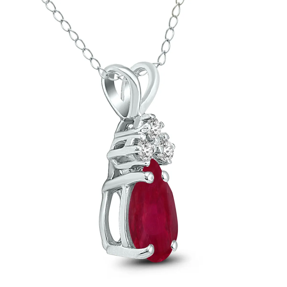 14K White Gold 6X4Mm Pear Ruby And Three Stone Diamond Pendant