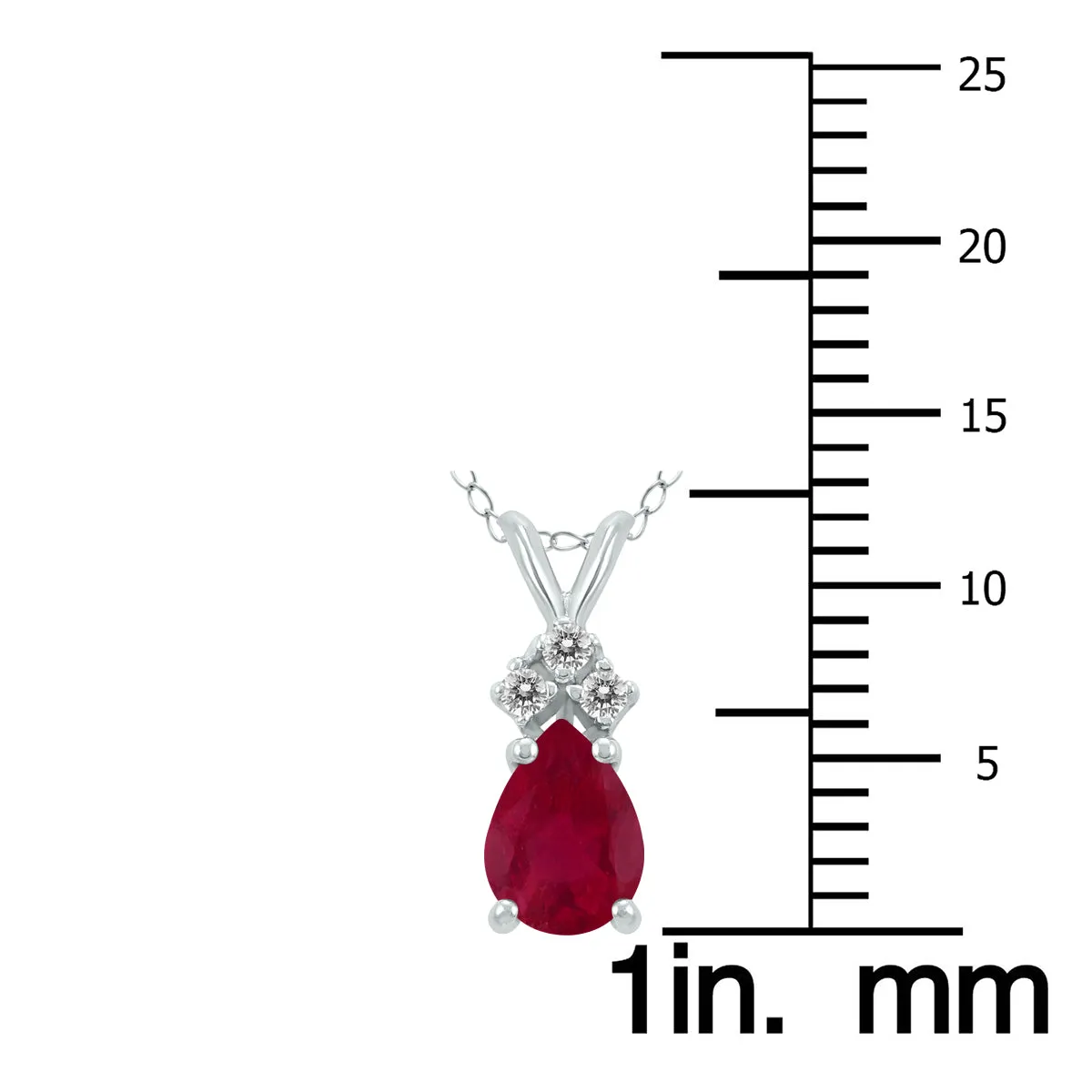 14K White Gold 6X4Mm Pear Ruby And Three Stone Diamond Pendant