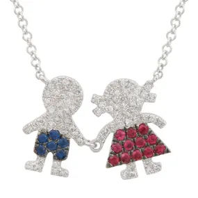 14k White Gold Multi Gemstone Boy And Girl Necklace