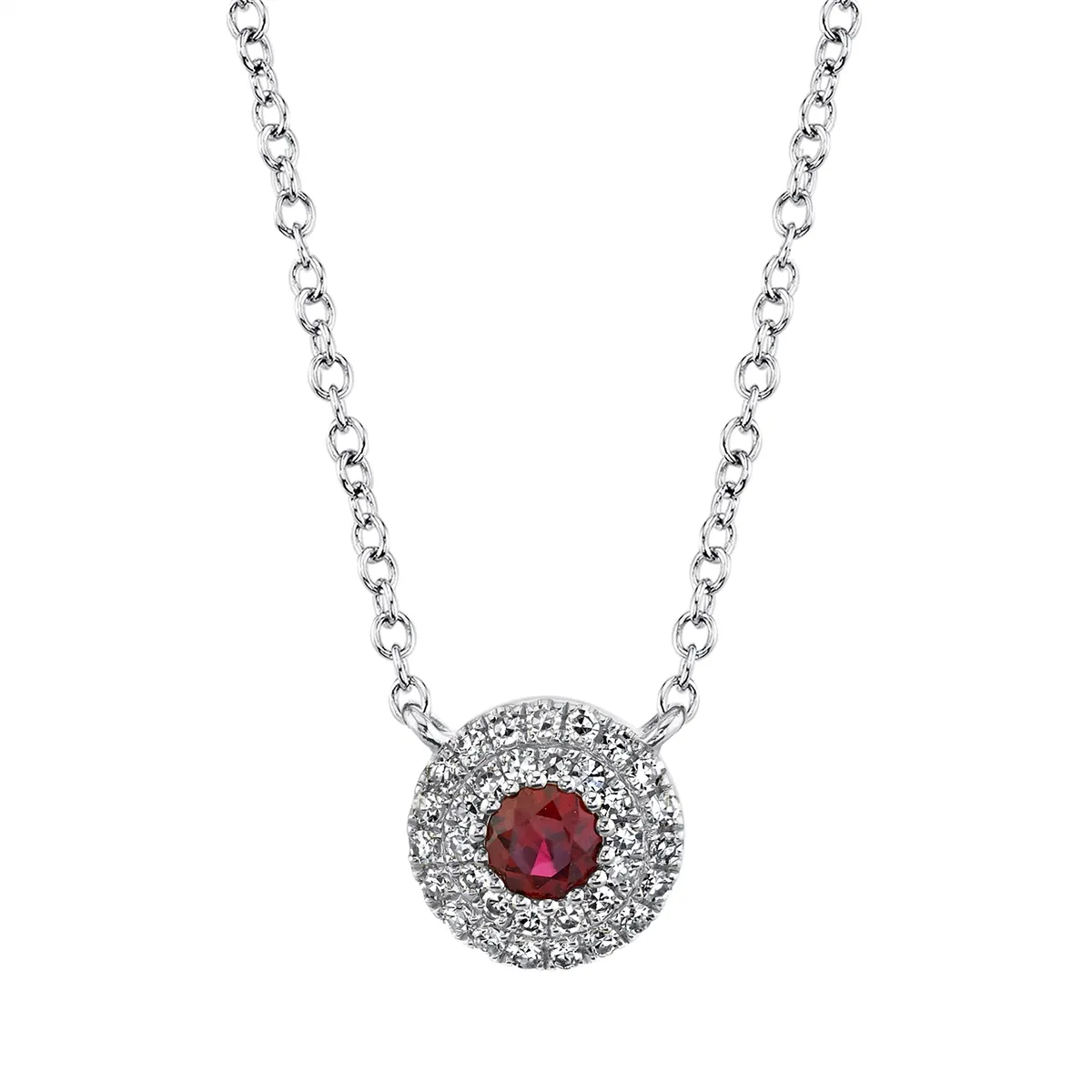 14K White Gold Round Ruby Necklace with Diamond Halo, 16-18in