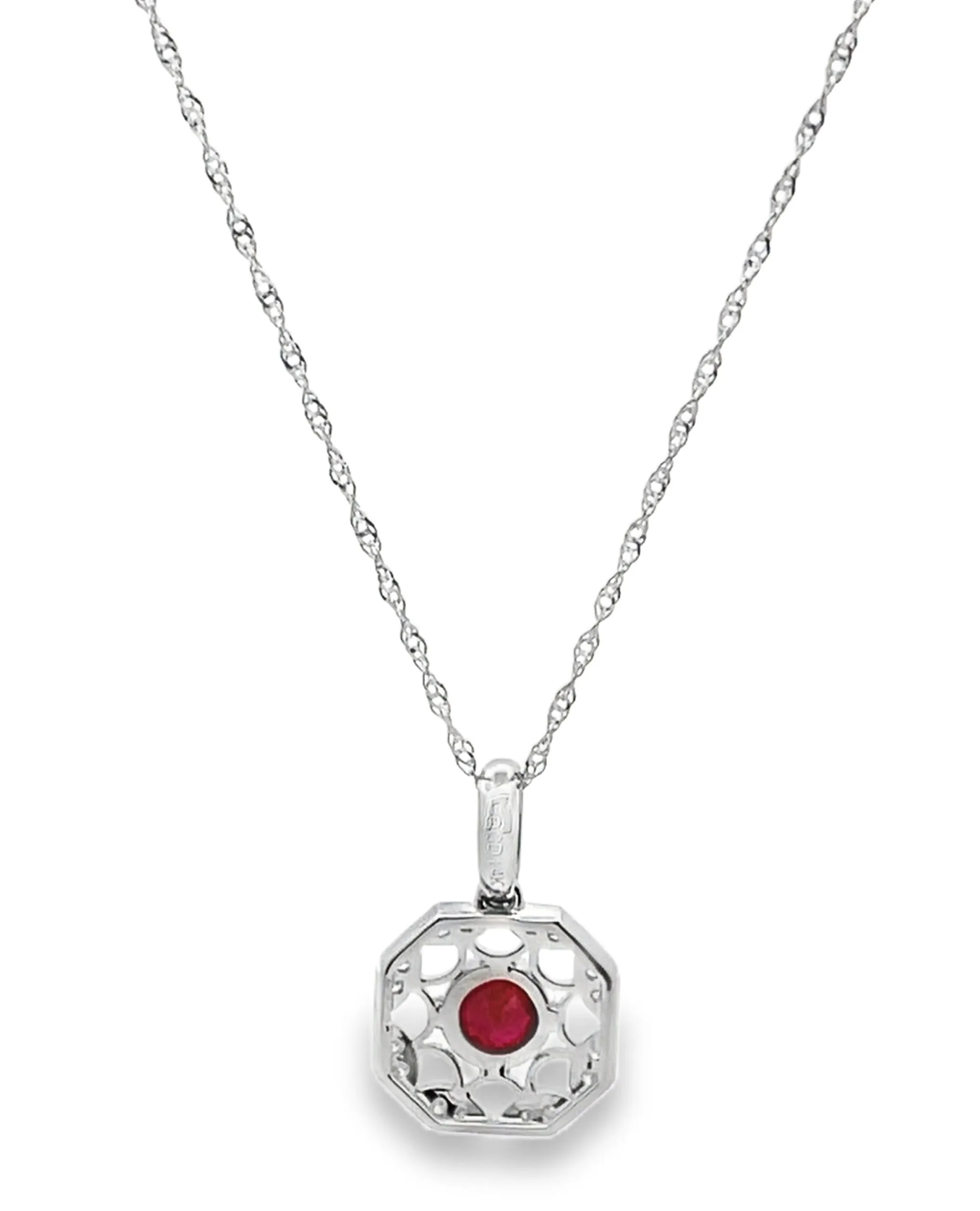 14K White Gold Ruby & Diamond Pendant Necklace