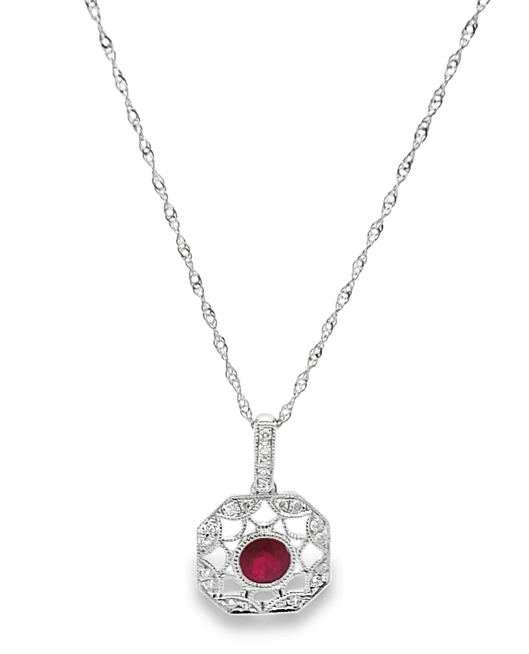 14K White Gold Ruby & Diamond Pendant Necklace