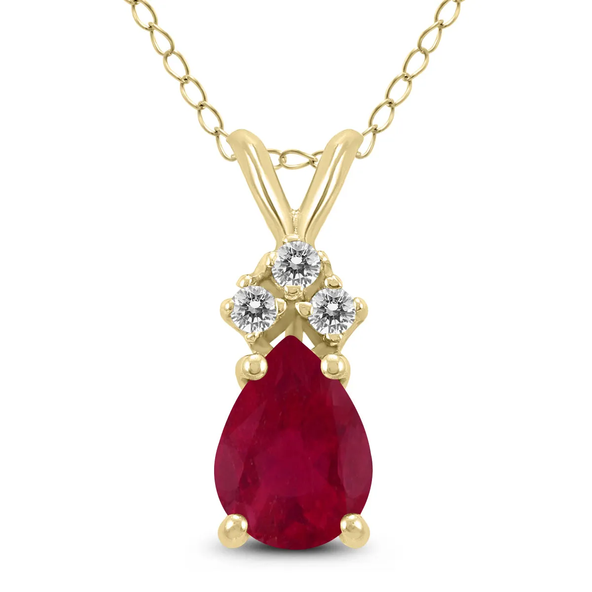 14K Yellow Gold 6X4Mm Pear Ruby And Three Stone Diamond Pendant