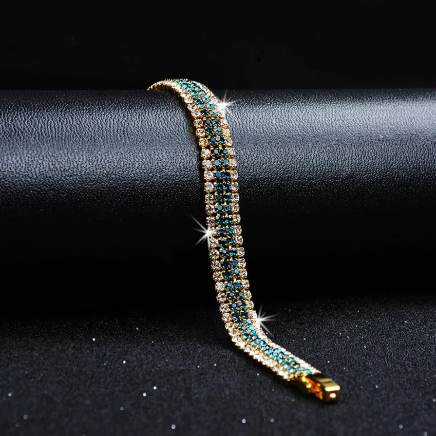 14K Yellow Gold Plated Deep Aqua Four Strand Gold and CZ Tennis Bracelet for Women