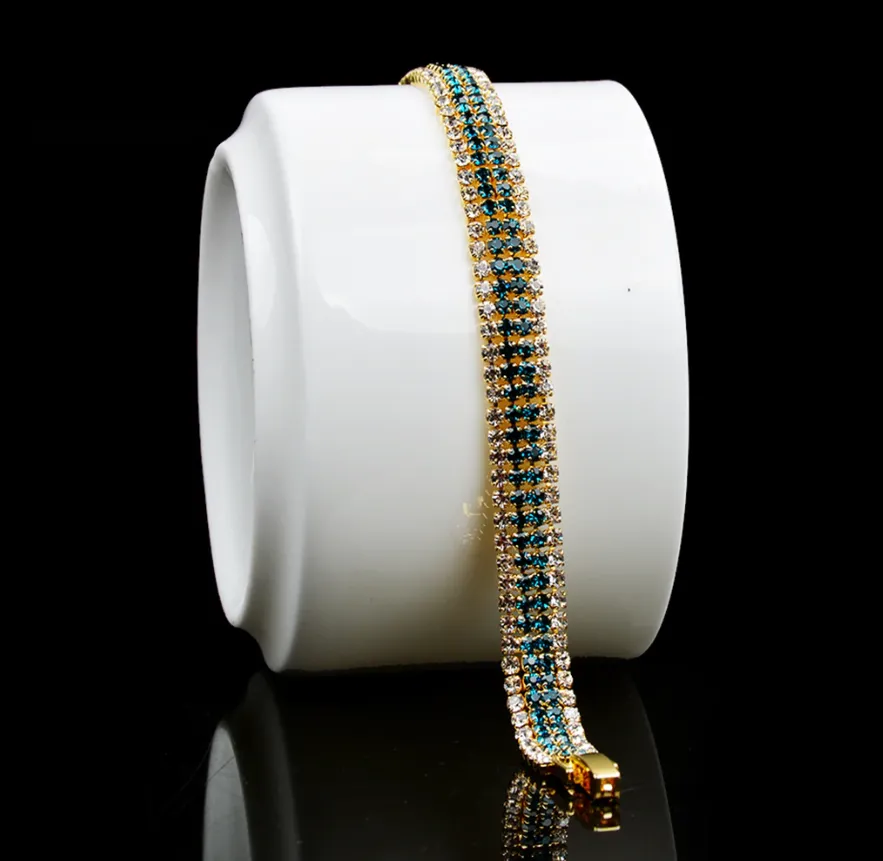 14K Yellow Gold Plated Deep Aqua Four Strand Gold and CZ Tennis Bracelet for Women