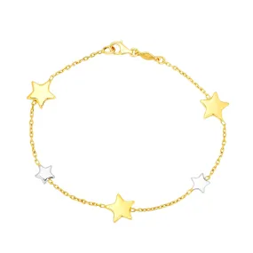 14kt Gold 7.5 inches Yellow White Rhodium Finish 9.6mm Shiny Star Star Stationed Bracelet with Lobster Clasp