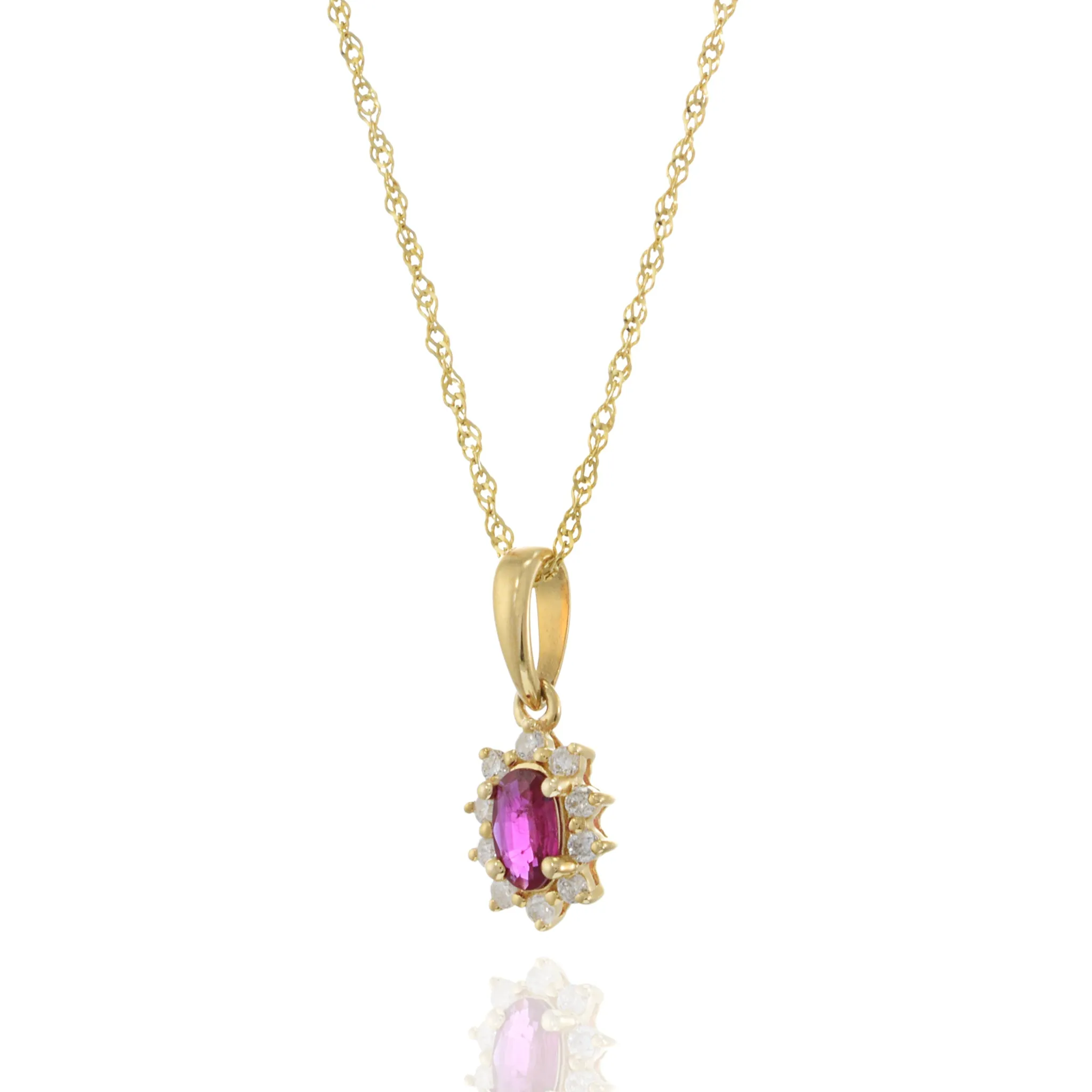 14KT Yellow Gold Oval Ruby and Diamond Pendant with Chain