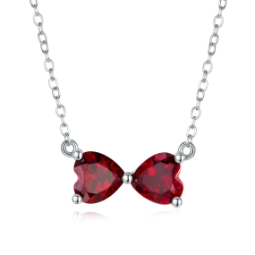 1.6 Carat Sterling Silver Plated Double Heart Lab Created Ruby Bow Necklace