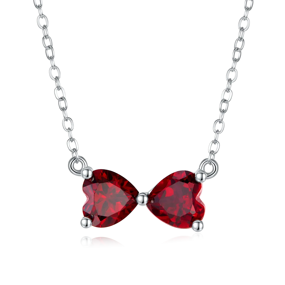 1.6 Carat Sterling Silver Plated Double Heart Lab Created Ruby Bow Necklace