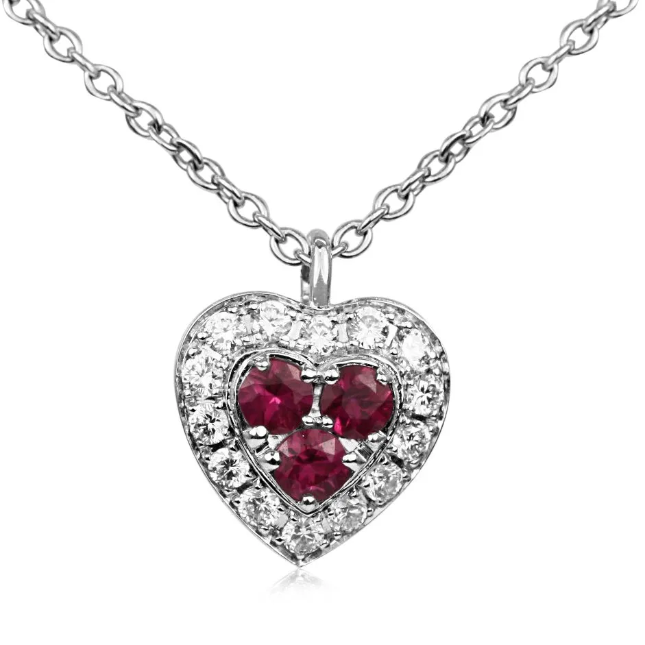 18ct White Gold Ruby & Diamond Heart Pendant With Necklace