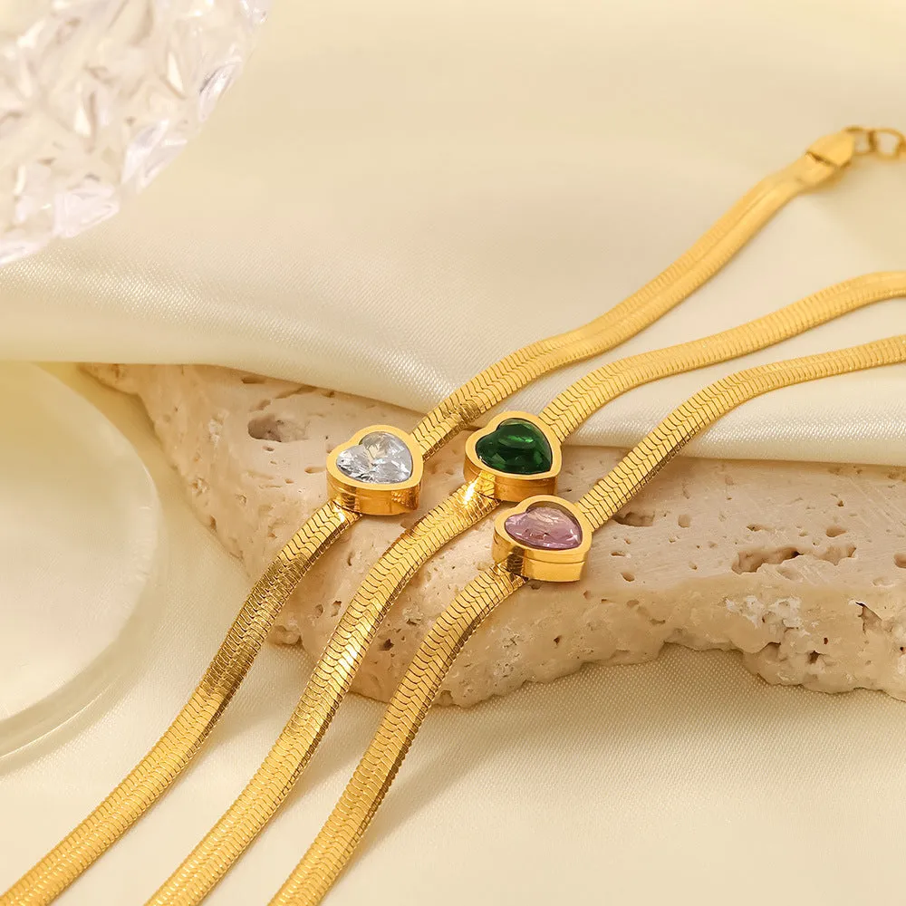 18K Gold Plated Green/White/Pink Heart Zircon Bracelet