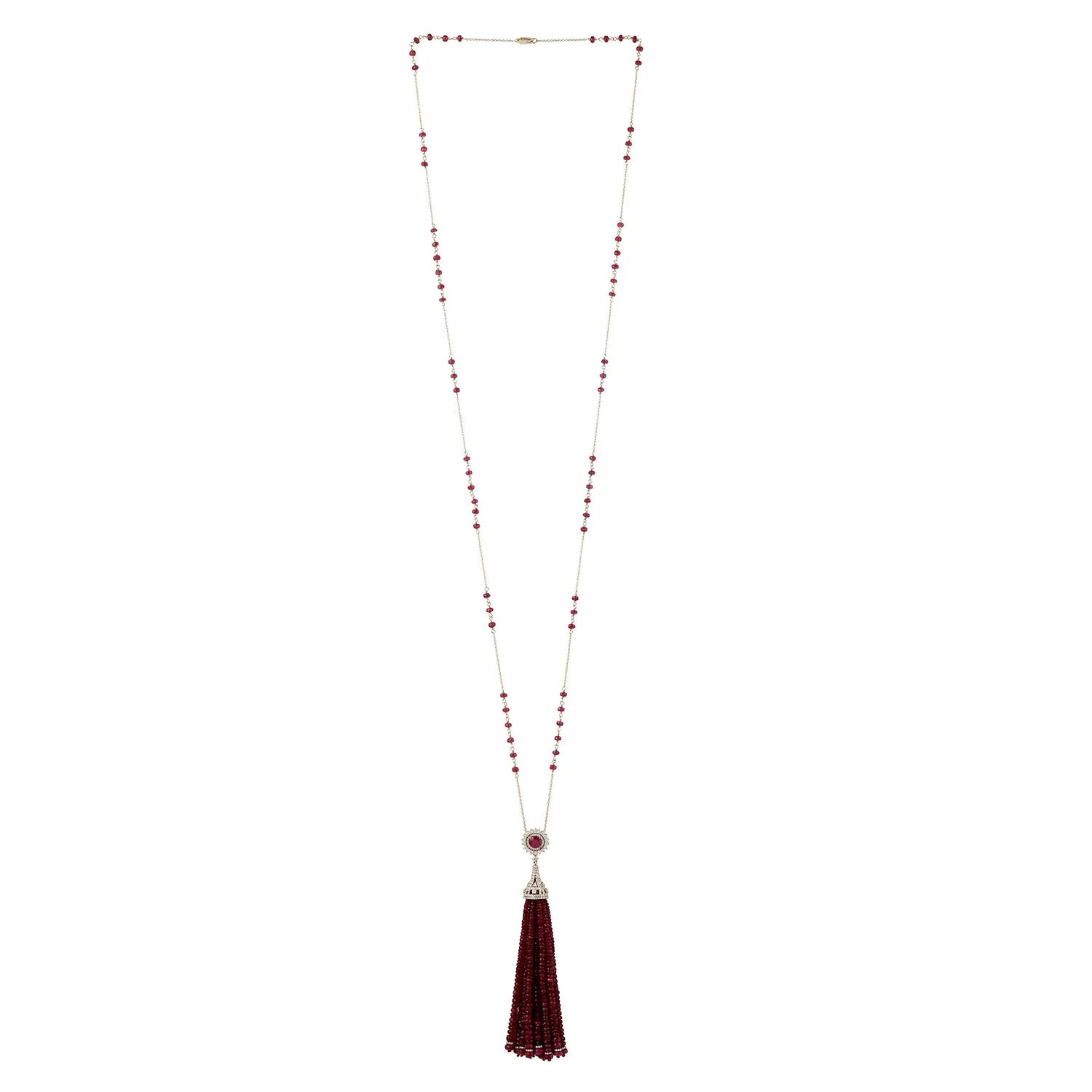 18k White Gold Natural Ruby Beads Diamond Chain Tassel Lariat Necklace For Her On Sale