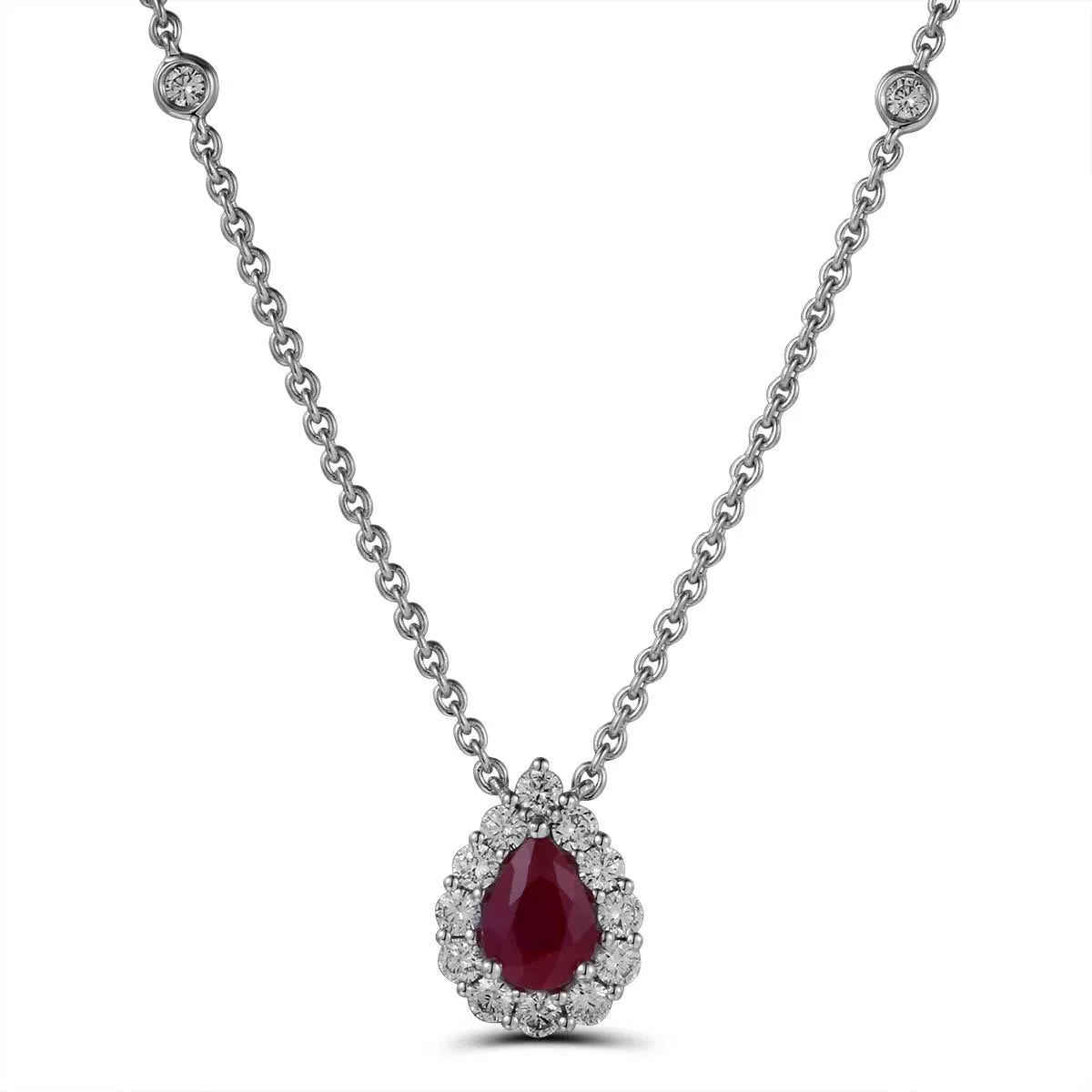 18K White Gold Pear Ruby with Diamond Halo Pendant Necklace