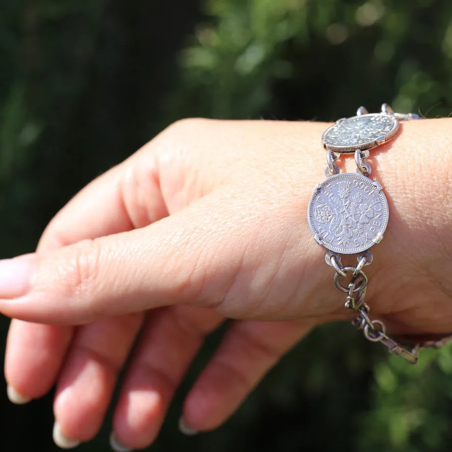 1960 - 1966 Sixpence Bracelet - set in 4 claw settings with double links, 20cm or 8 inches