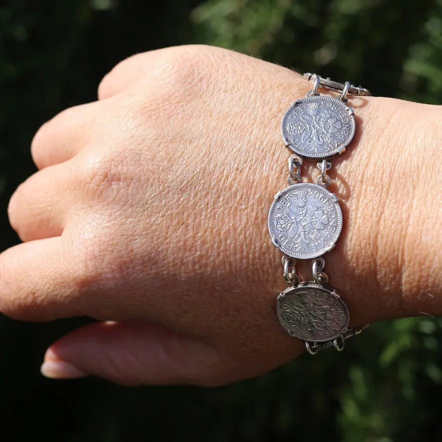 1960 - 1966 Sixpence Bracelet - set in 4 claw settings with double links, 20cm or 8 inches