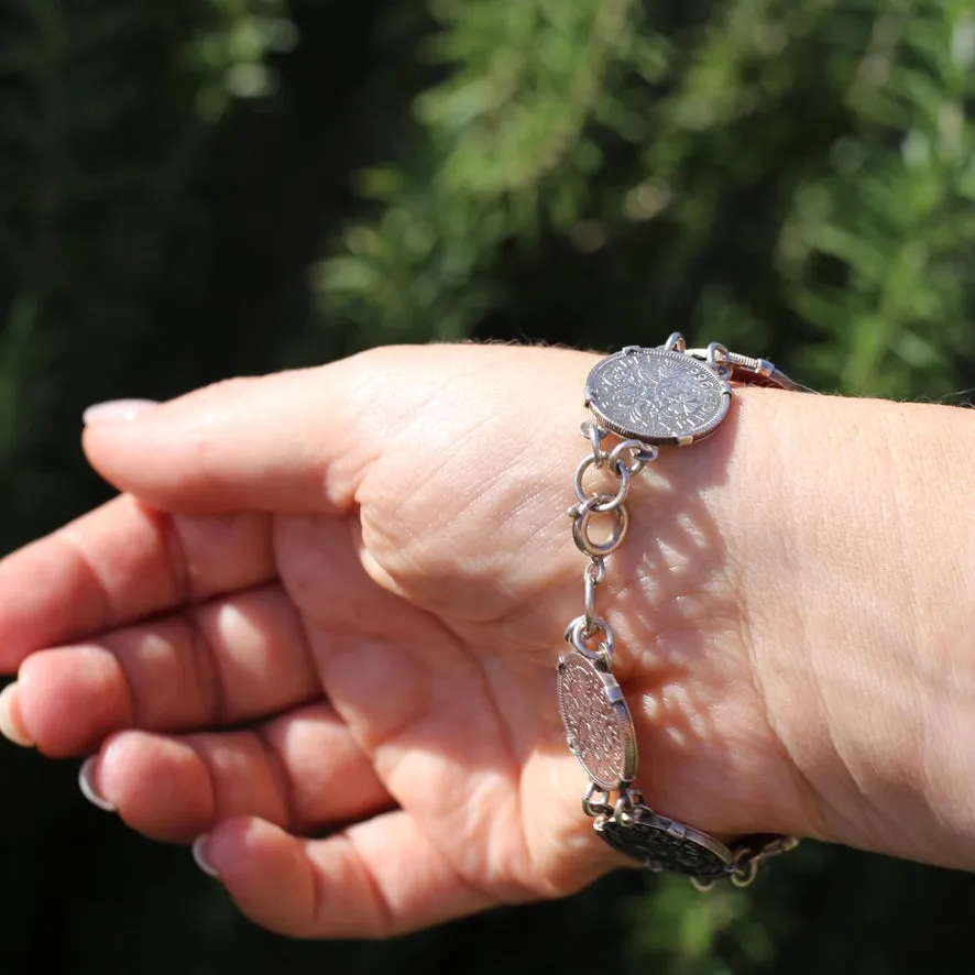 1960 - 1966 Sixpence Bracelet - set in 4 claw settings with double links, 20cm or 8 inches