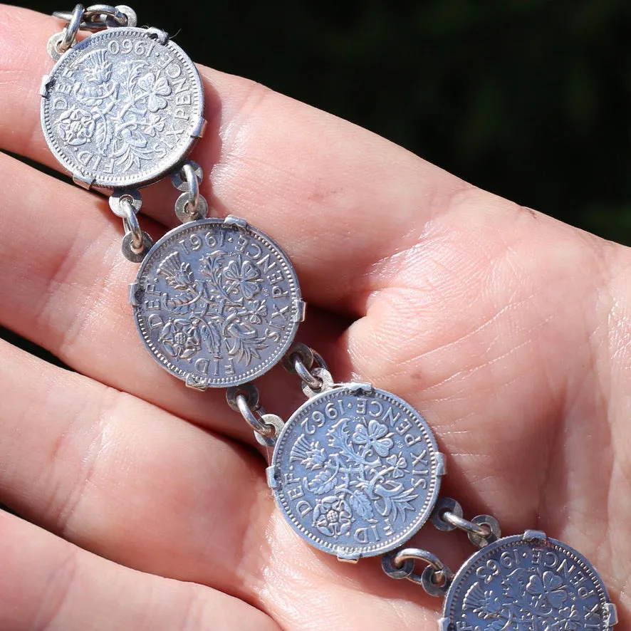 1960 - 1966 Sixpence Bracelet - set in 4 claw settings with double links, 20cm or 8 inches