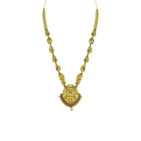 22K Yellow Gold Antique Temple Necklace W/ Rubies, Pearl & Paisley Carved Accent Chain