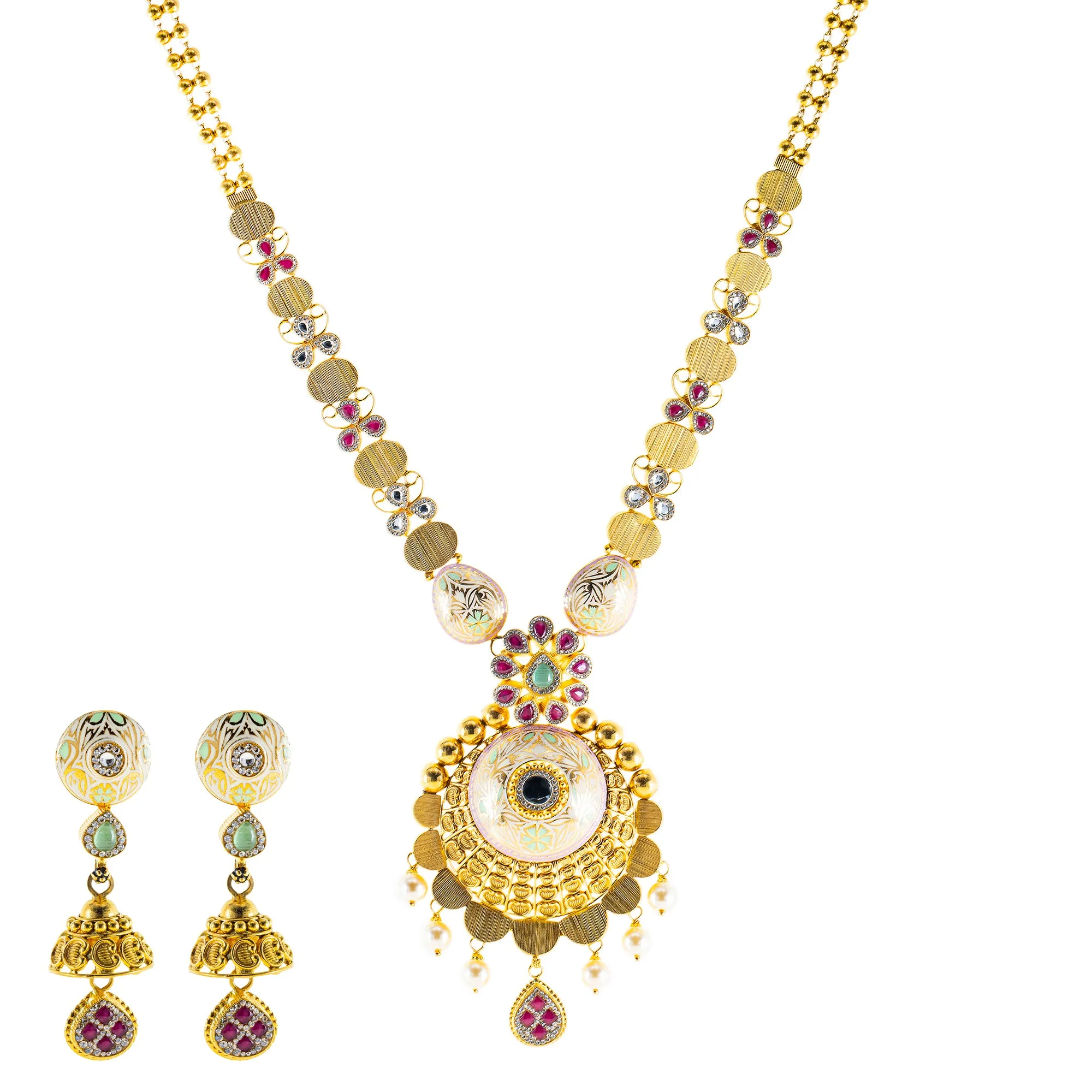 22K Yellow Gold Bridal Necklace Set w/ CZ, Emerald & Ruby (76.2gm)