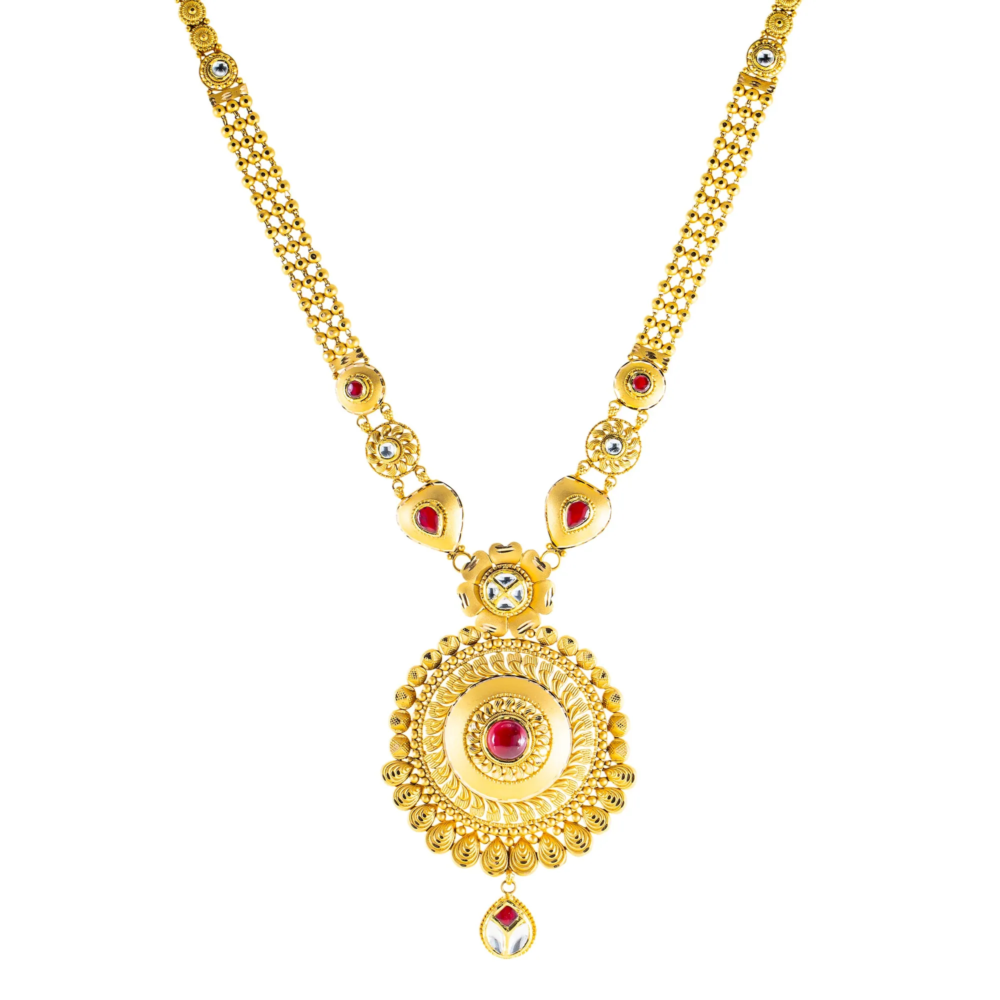 22K Yellow Gold Bridal Necklace Set w/ CZ, Kundan & Ruby (66.7gm)