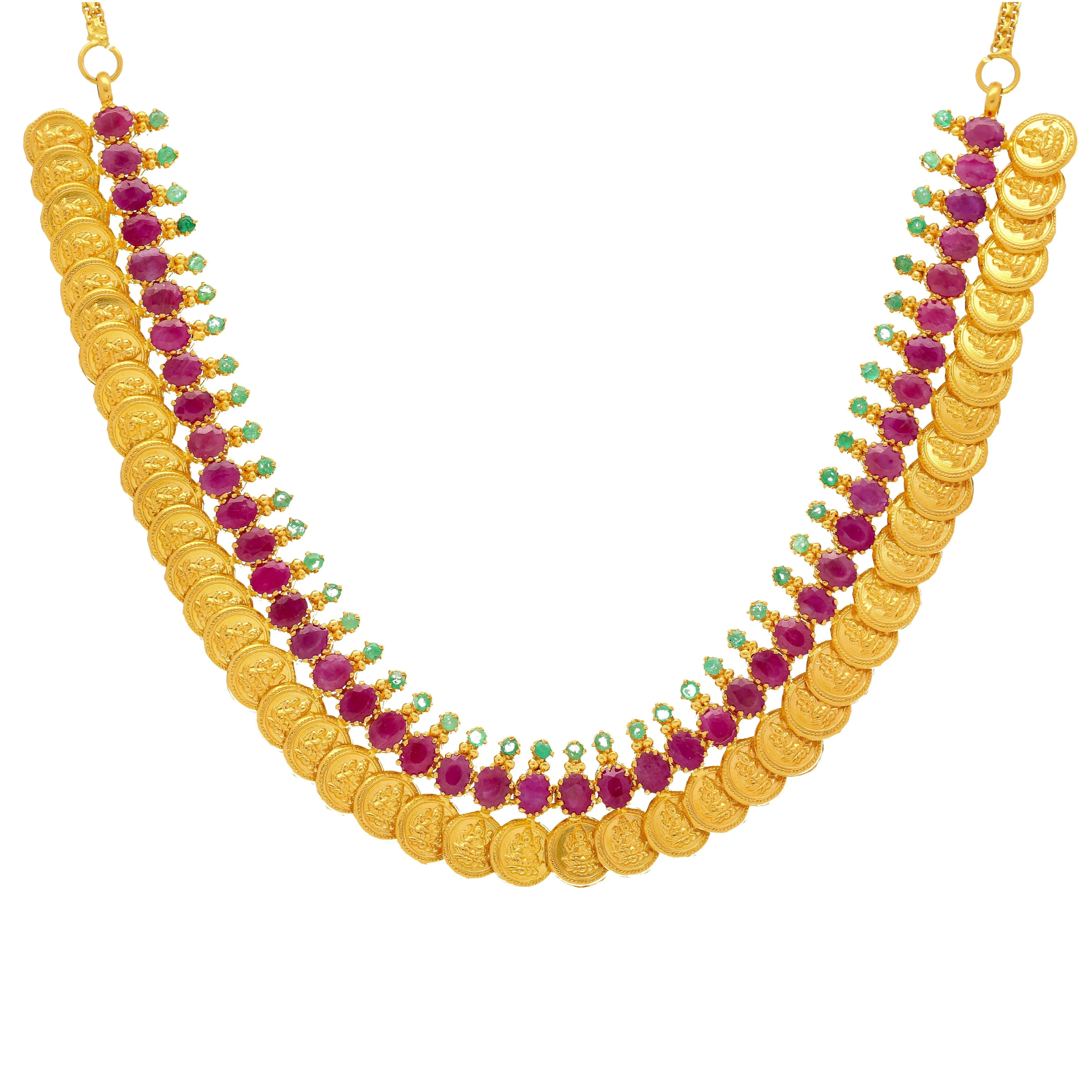 22K Yellow Gold Laxmi Kasu Necklace & Earrings Set W/ Rubies & Emeralds