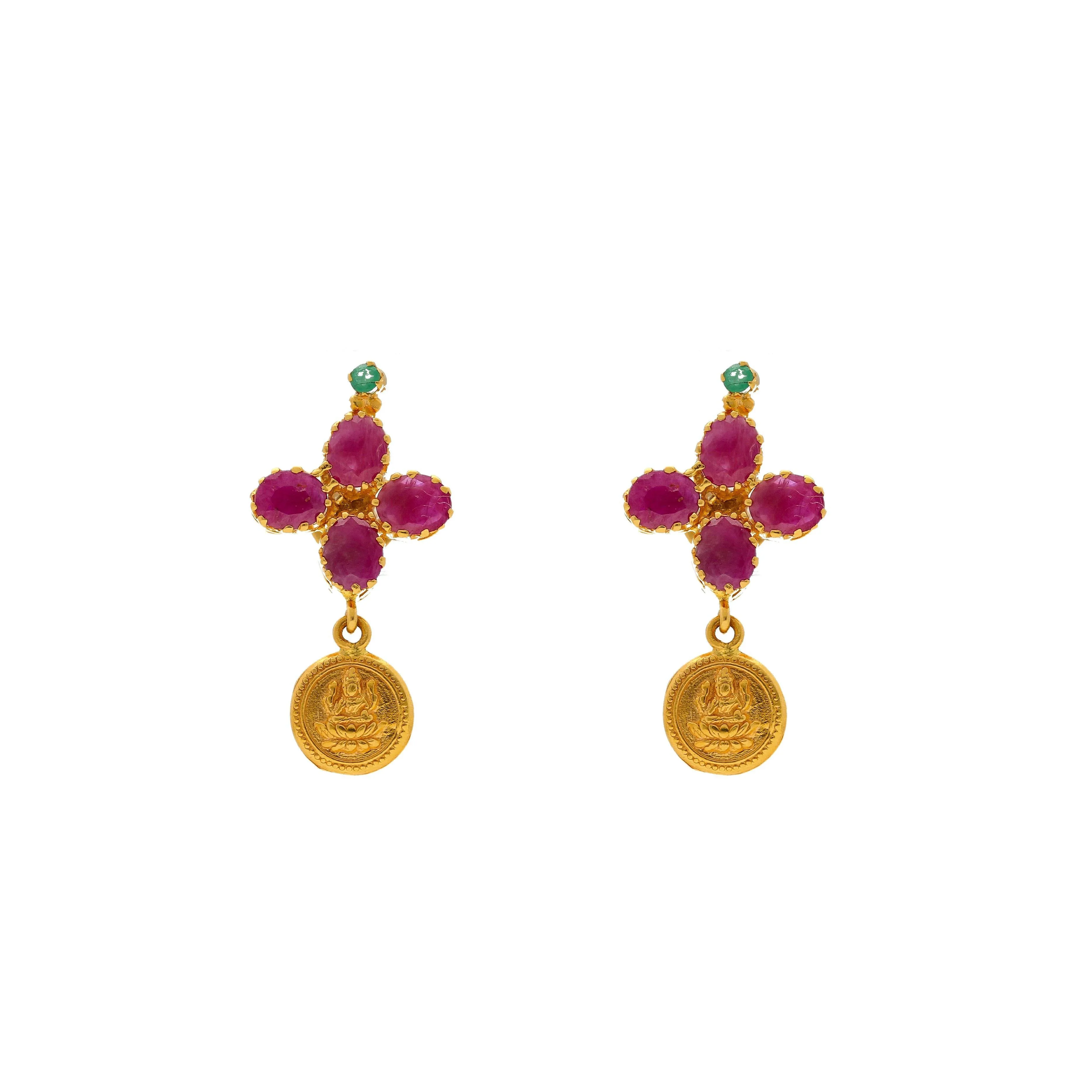 22K Yellow Gold Laxmi Kasu Necklace & Earrings Set W/ Rubies & Emeralds