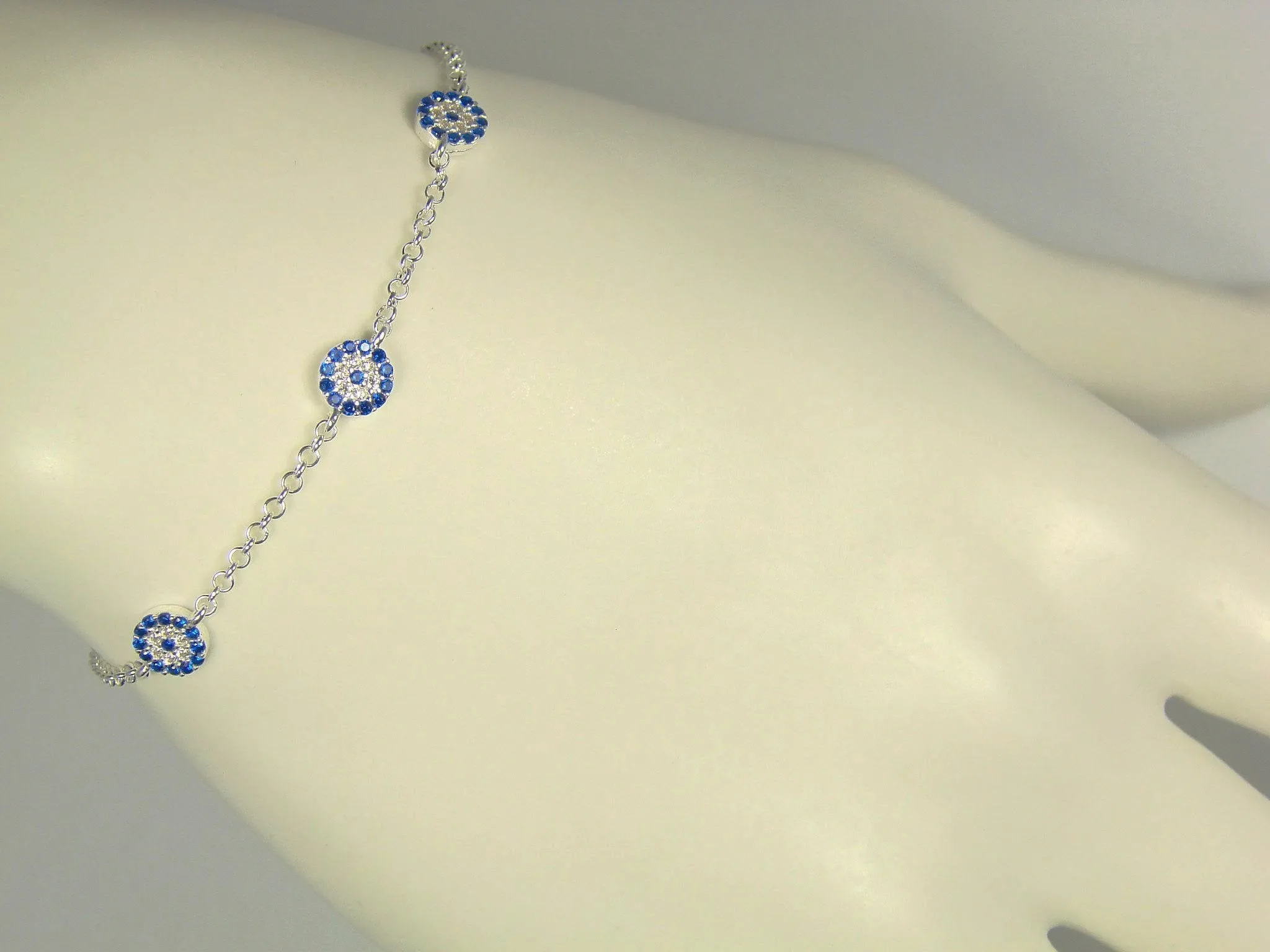 3 Mini Evil Eye Sterling Silver Bracelet 925 Sterling Silver Zircon Stones Turkish Greek Eye