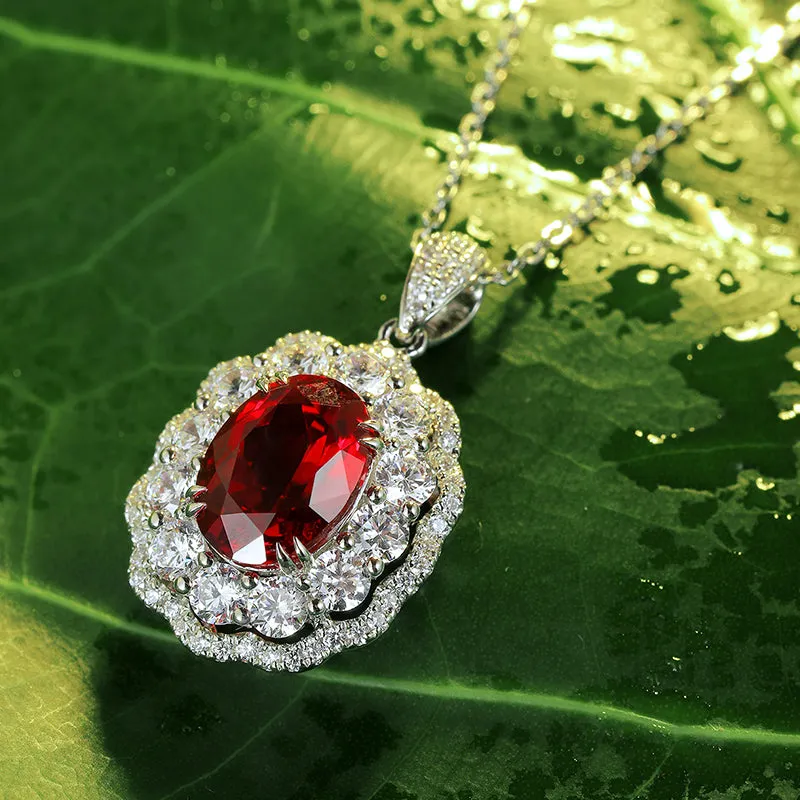 3.0 Carat Oval Lab-Created Ruby Halo Pendant in S925 Silver-Plated Platinum Necklace