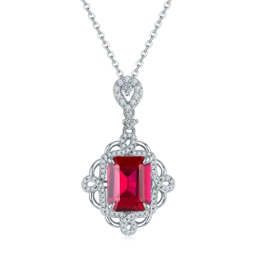 4.23 Carat Rectangular Lab Created Ruby with Elegant Rhombus Lace S925 Silver Plated Platinum Necklace