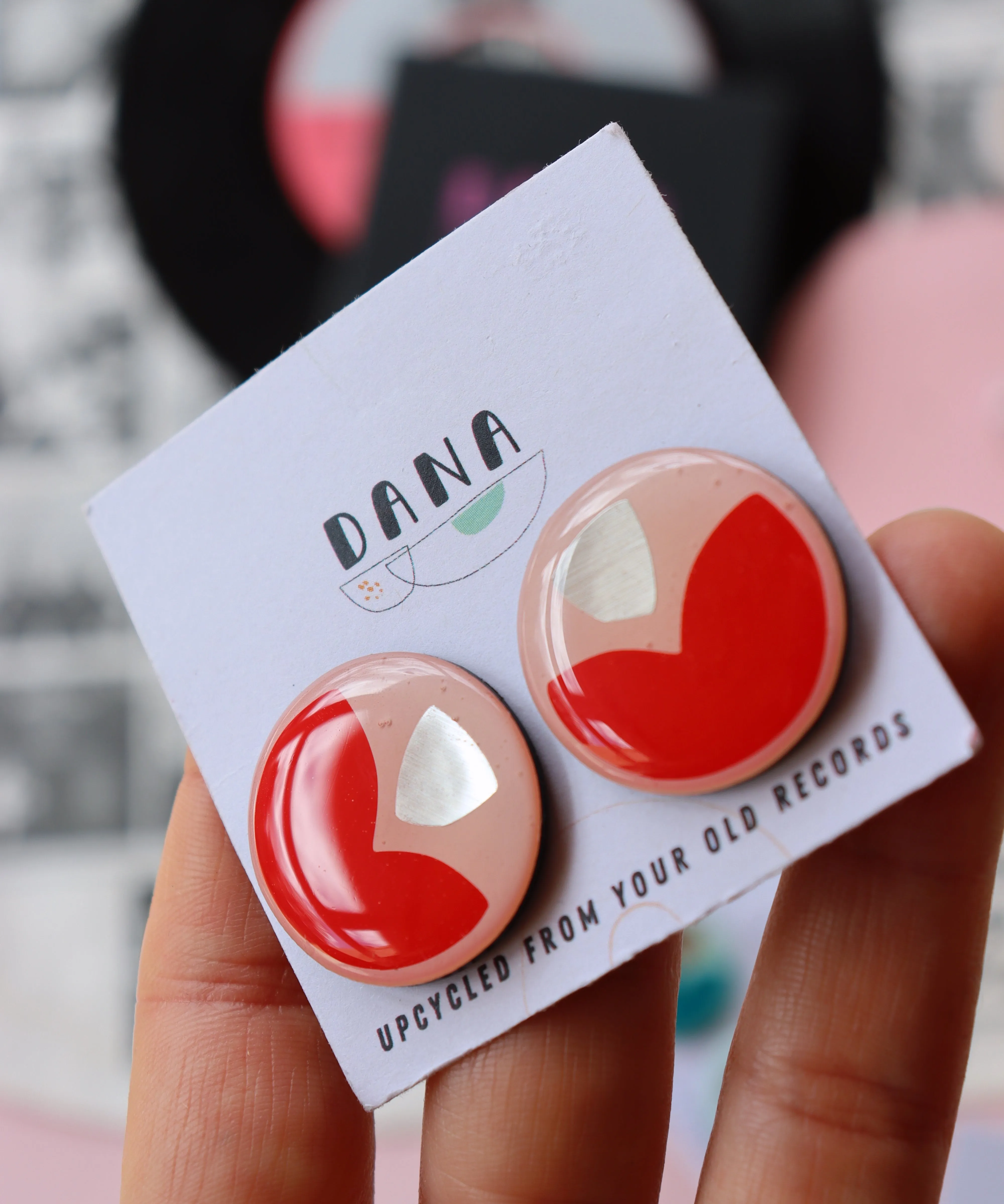 50% off large upcycled vinyl record studs In silver and vibrant red