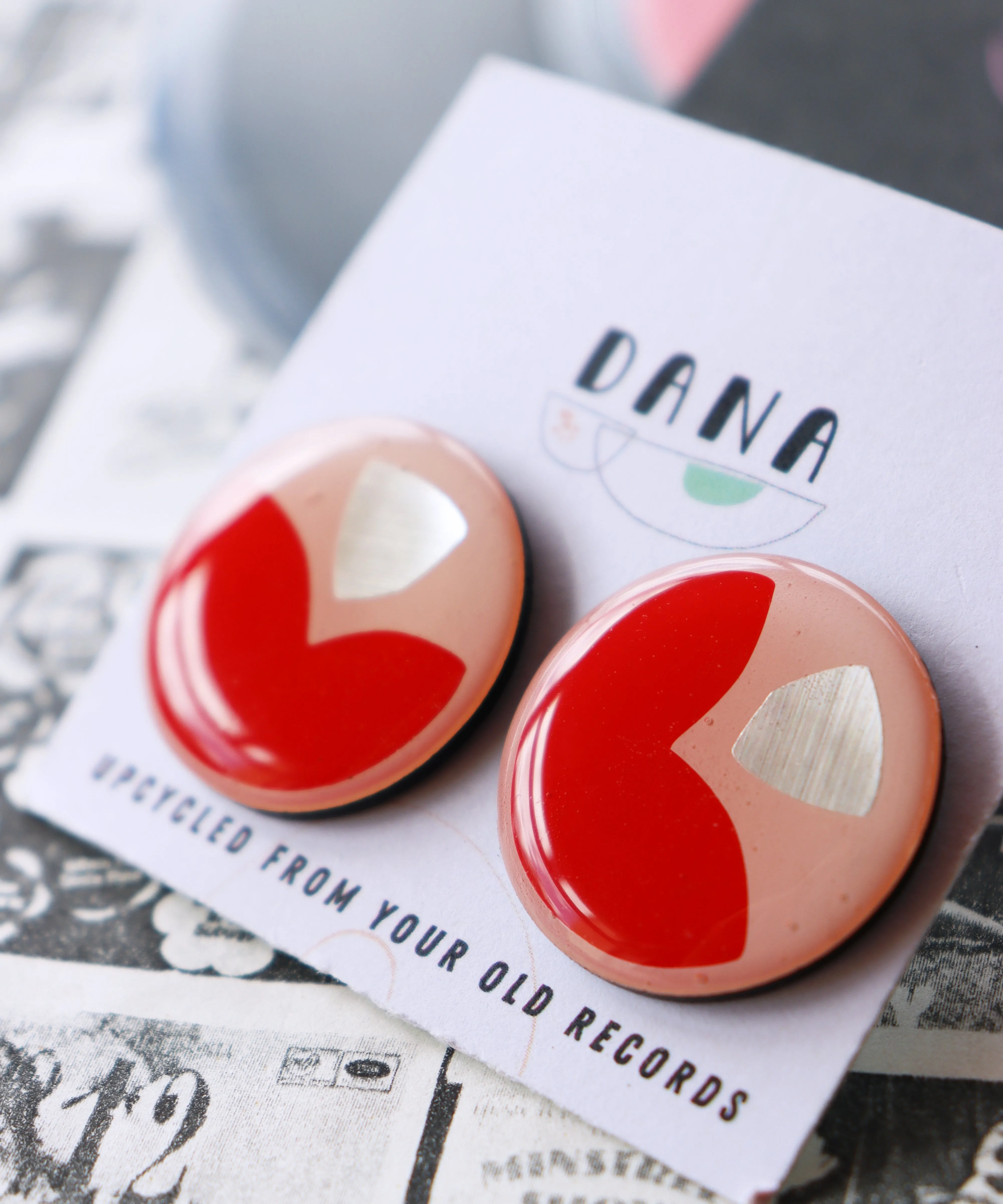 50% off large upcycled vinyl record studs In silver and vibrant red