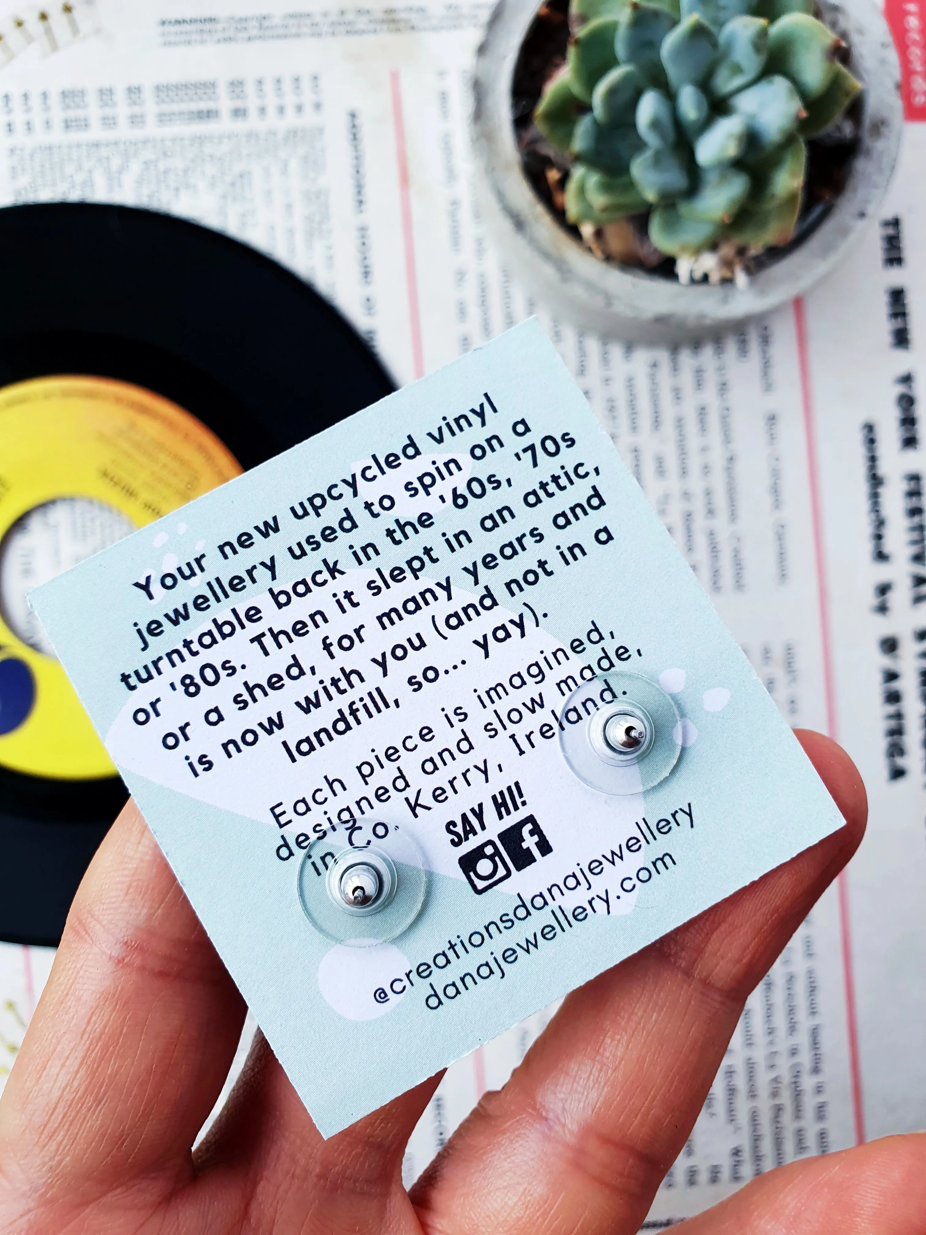 50% off large upcycled vinyl record studs In silver and vibrant red