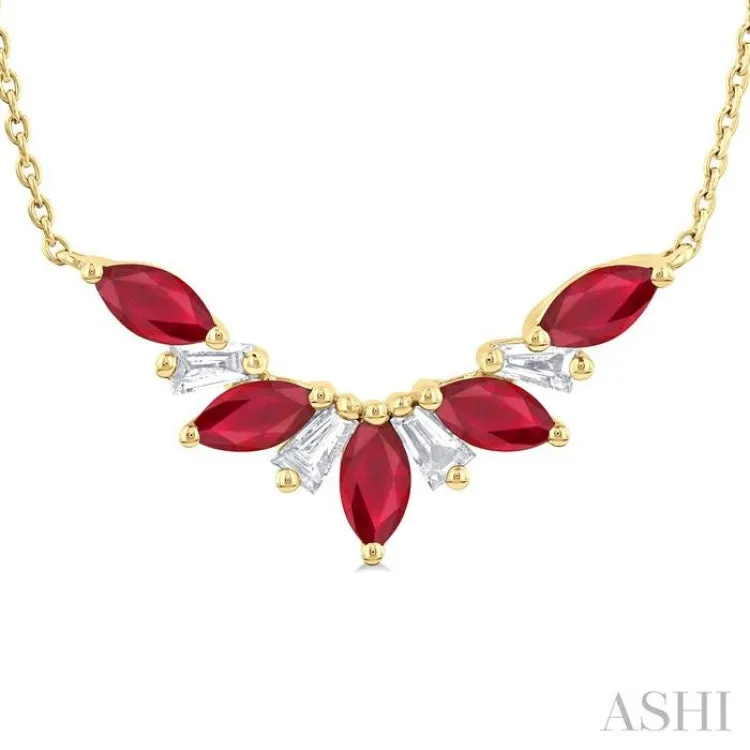 5X2.5MM Marquise Cut Ruby and 1/6 ctw Baguette Cut Diamond Precious Gemstone Necklace in 14K Yellow Gold