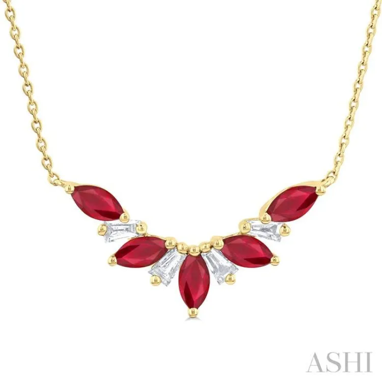 5X2.5MM Marquise Cut Ruby and 1/6 ctw Baguette Cut Diamond Precious Gemstone Necklace in 14K Yellow Gold