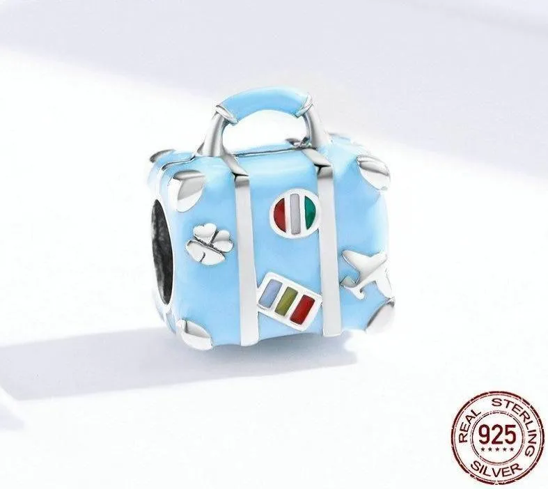 925 Sterling Silver Pendent Charm Jewelry Blue Suitcase #SCC1377