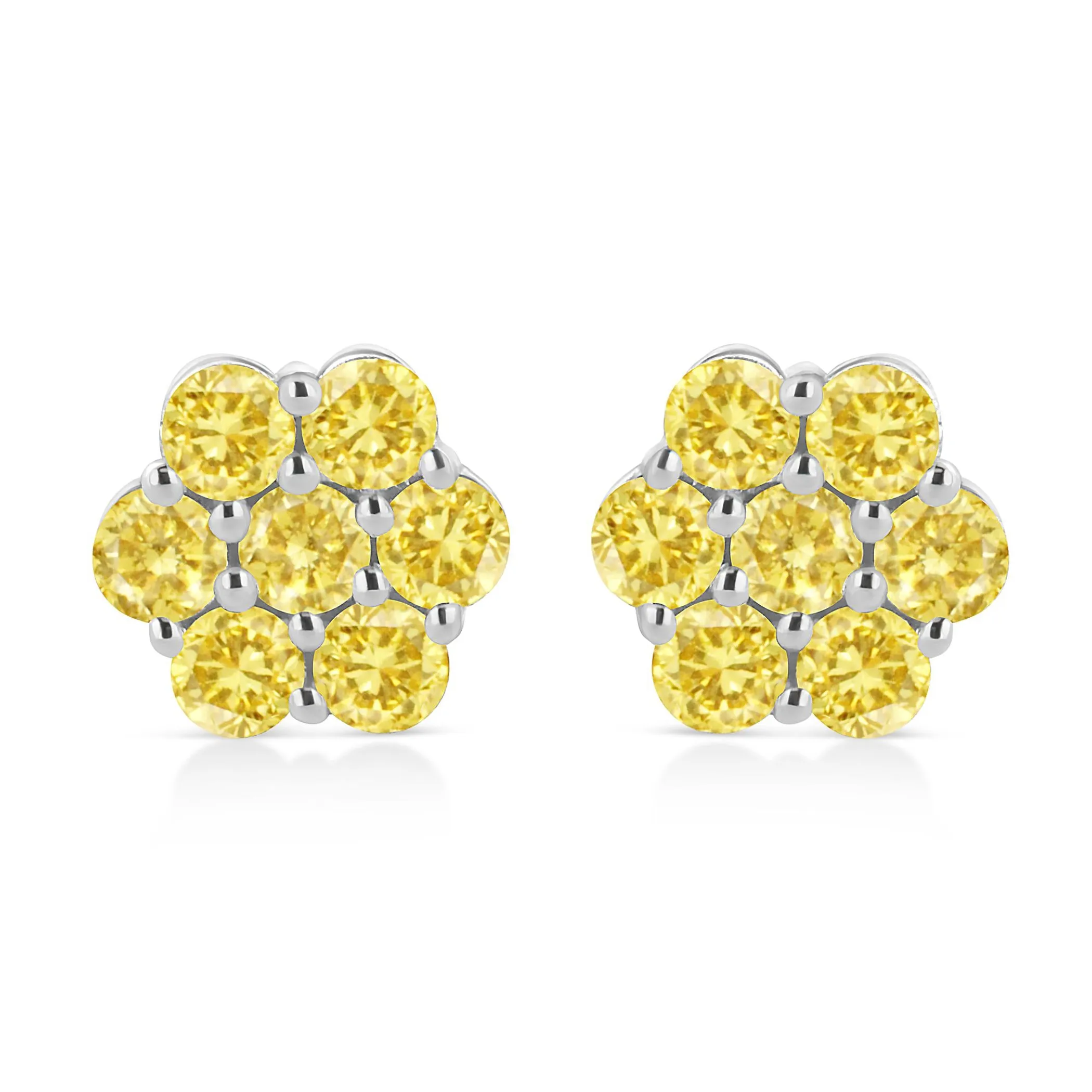 .925 Sterling Silver  Prong Set Round-Cut Treated Colored Diamond Floral Cluster Stud Earring - Choice of Diamond Colors and Total Weights - Pack Of: 1