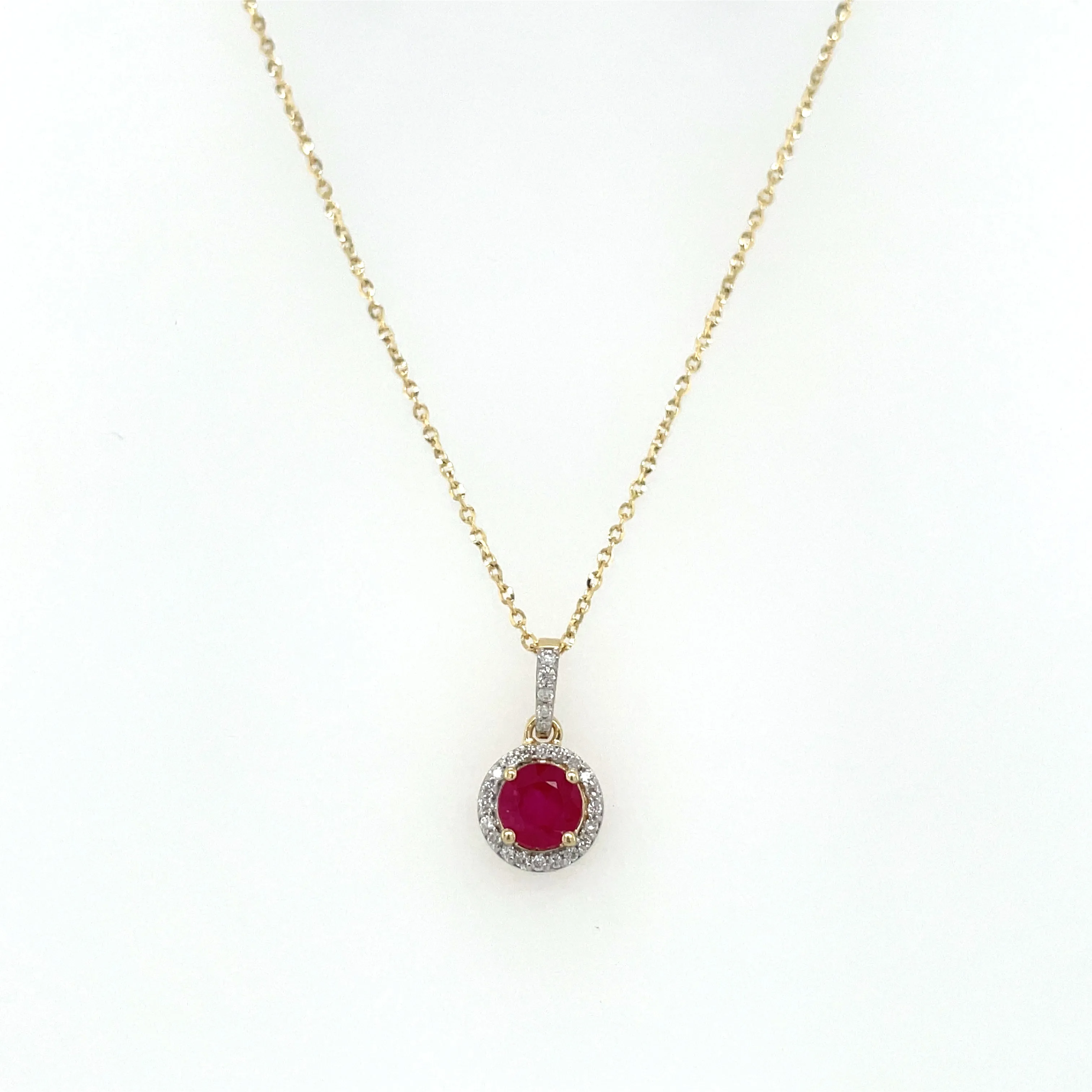 9ct Yellow Gold Round 0.68ct Ruby & Diamond Halo Pendant