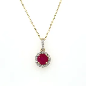 9ct Yellow Gold Round 0.68ct Ruby & Diamond Halo Pendant