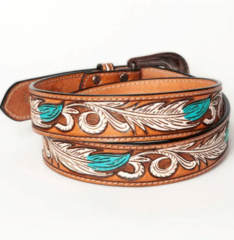 American Darling White Feather Hand Tooled & Painted Leather Belt ADBLF107