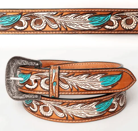 American Darling White Feather Hand Tooled & Painted Leather Belt ADBLF107