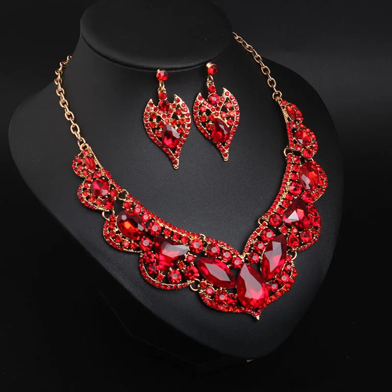 American exaggerated ruby clavicle necklace earrings set bridal dress female jewelry