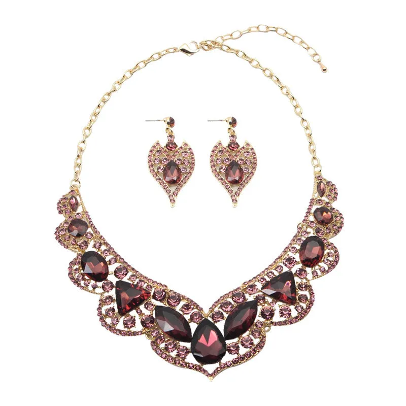 American exaggerated ruby clavicle necklace earrings set bridal dress female jewelry