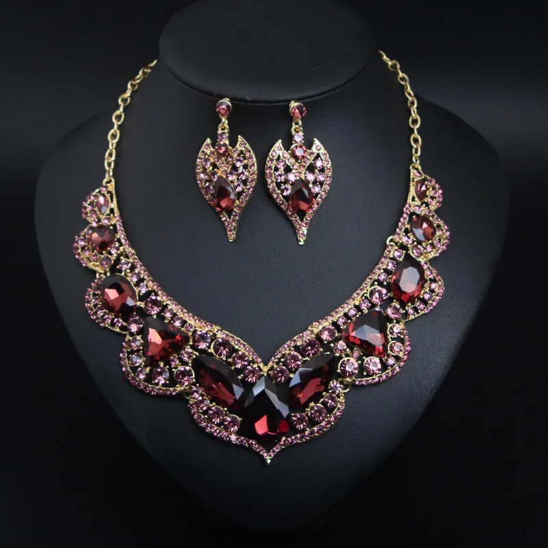 American exaggerated ruby clavicle necklace earrings set bridal dress female jewelry