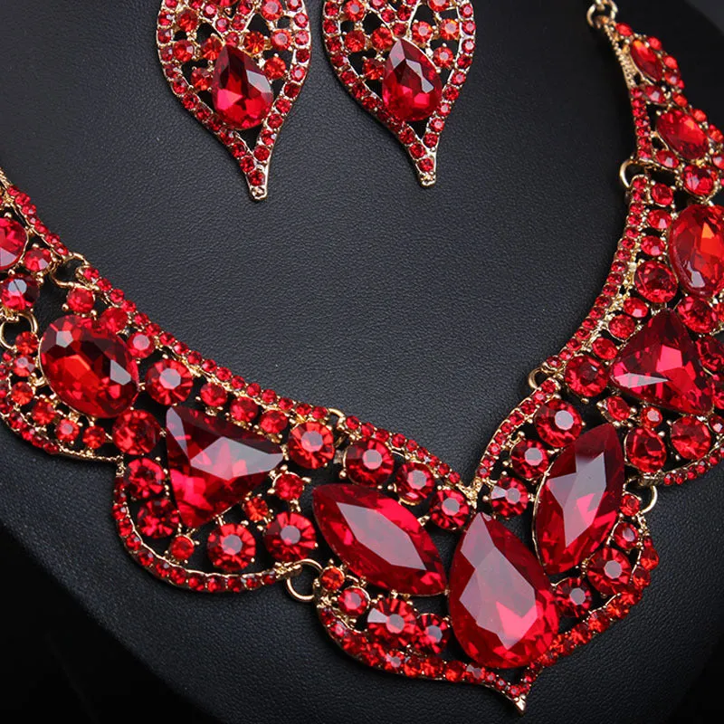 American exaggerated ruby clavicle necklace earrings set bridal dress female jewelry